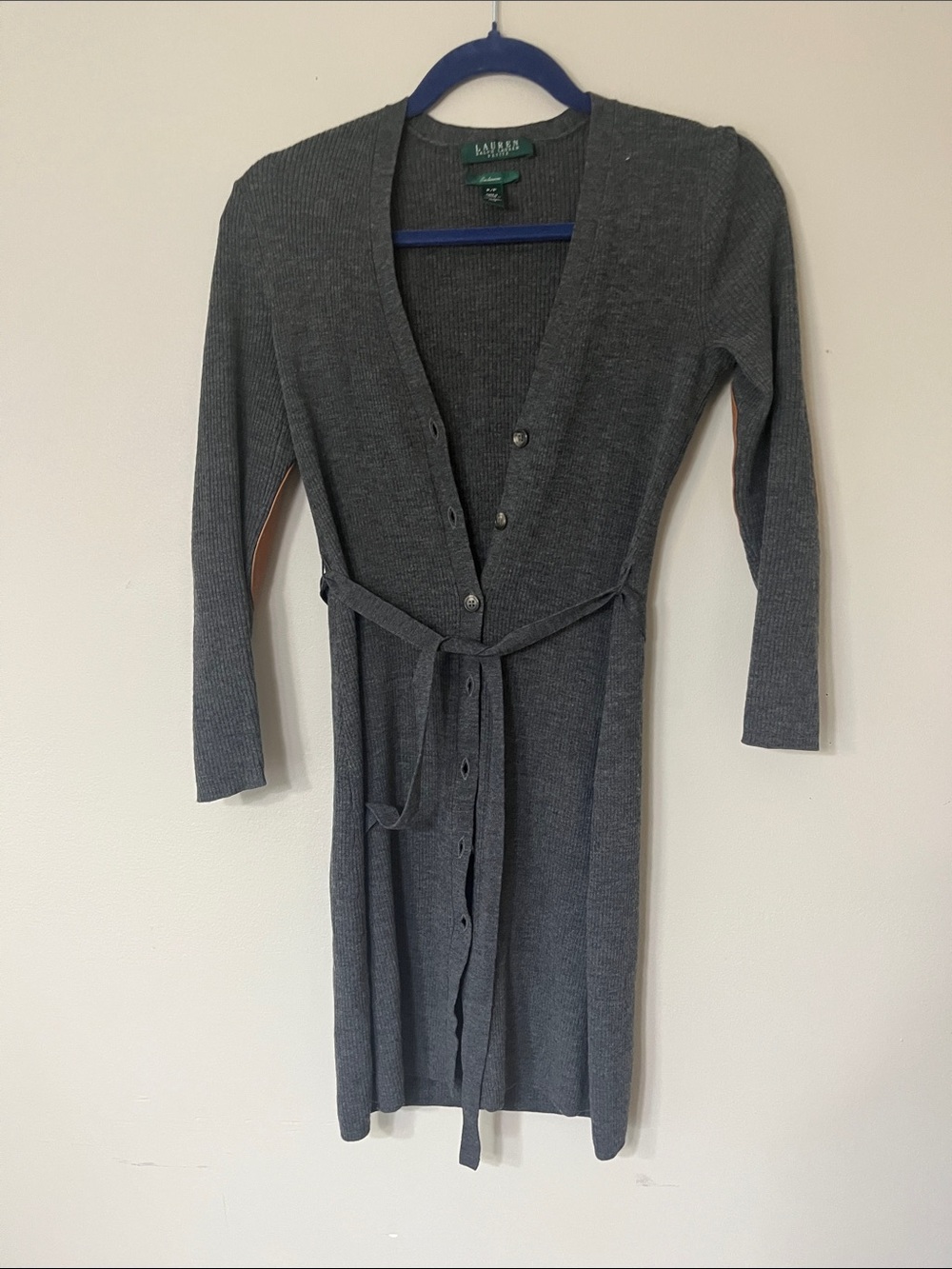 Ralph Lauren Charcoal Gray Ribbed Knit Belted Cardigan
